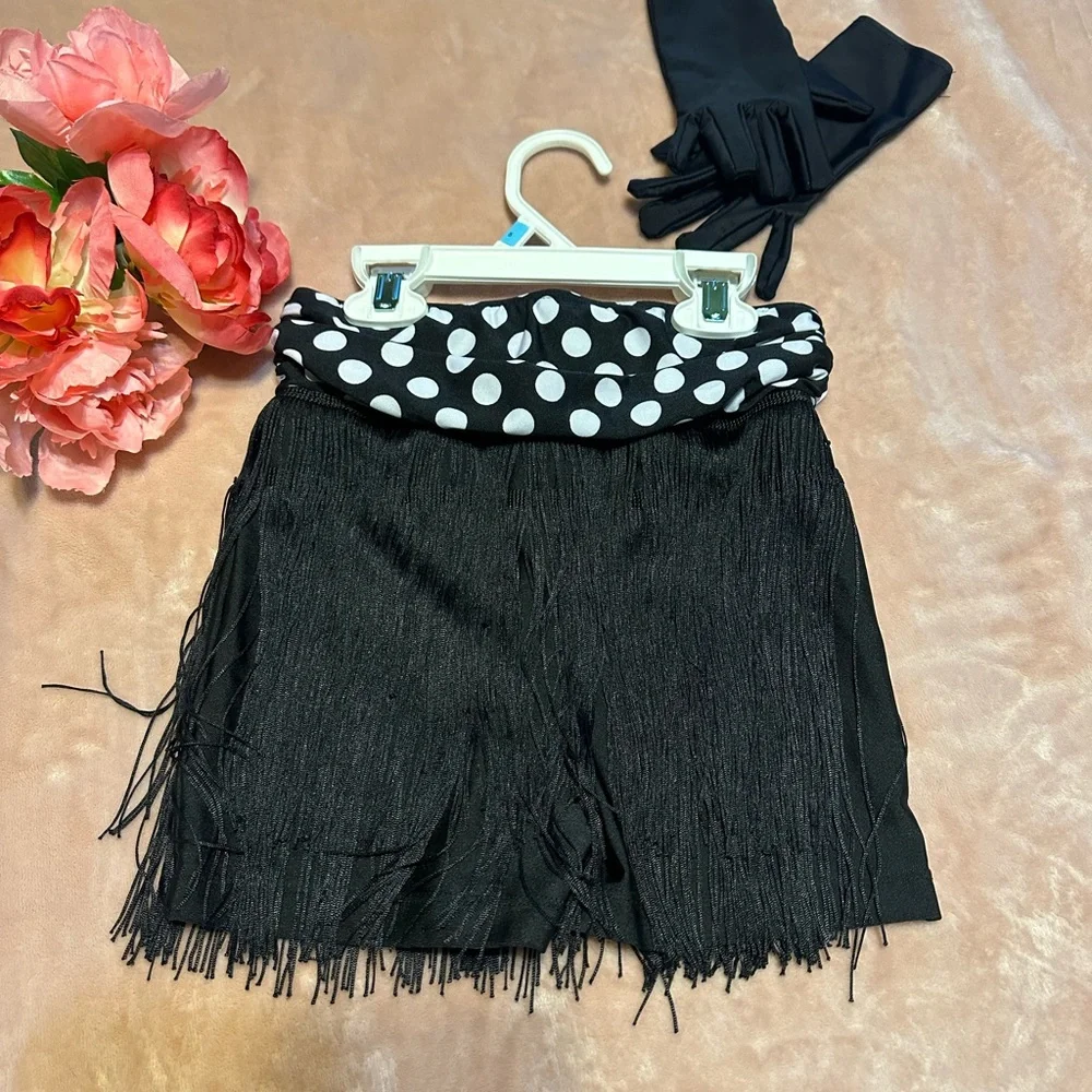Girls Revolution Black Fringe Polka Dot Waist Skirt costume with Gloves   Size M